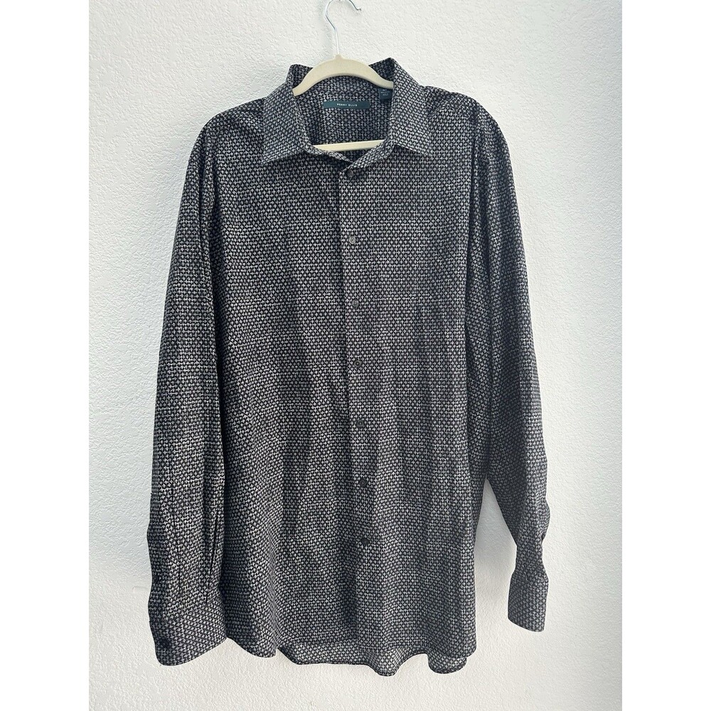 Perry Ellis Men XLT Button Down Shirt Black Grey Geometric Long Sleeve Tall